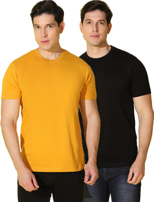 WOOSTRO Solid Men Round Neck Blue, Yellow T-Shirt