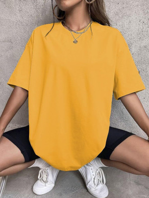 Earthstick Solid Women Round Neck Yellow T-Shirt