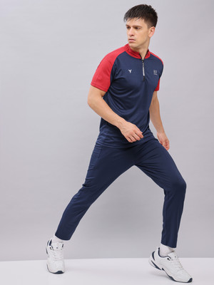 TECHNOSPORT Colorblock Men Mandarin Collar Navy Blue T-Shirt