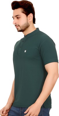 RosyRains Solid Men Mandarin Collar Green T-Shirt