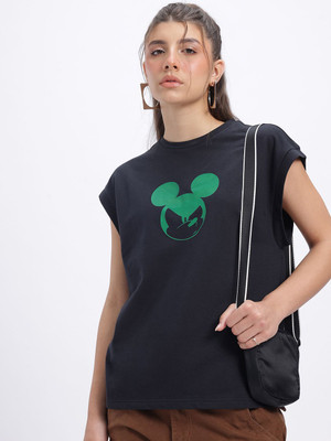 Glitchez Printed Women Round Neck Black T-Shirt