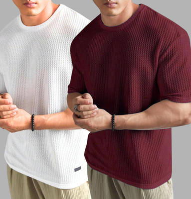 Lets Create Self Design Men Round Neck Maroon T-Shirt