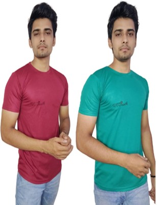 ManGOD Solid Men Round Neck Maroon, Light Green T-Shirt