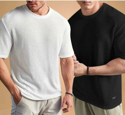 BOOM BAAM Self Design Men Round Neck White, Black T-Shirt