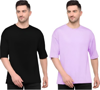 Classic Youth Solid Men Round Neck Black, Purple T-Shirt