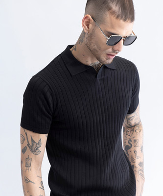 Snitch Self Design Men Polo Neck Black T-Shirt