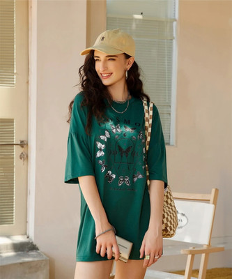 Christy World Printed, Typography Women Round Neck Green T-Shirt