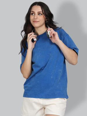 Mast & Harbour Solid Women Round Neck Blue T-Shirt