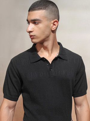 HIGHLANDER Solid Men Polo Neck Black T-Shirt