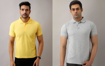 Silver Swan Solid Men Polo Neck Yellow, Grey T-Shirt