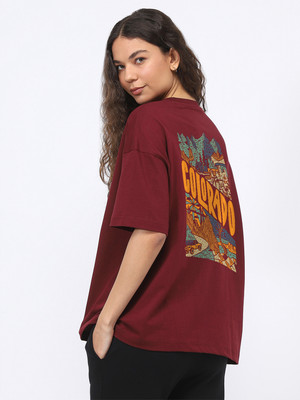 NOBERO Graphic Print Women Round Neck Maroon T-Shirt