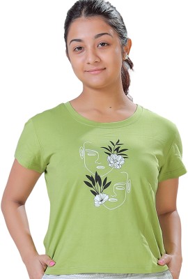 Butterfly Printed Women Cowl Neck Green T-Shirt