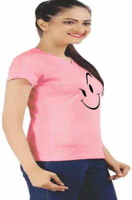 SAHAL Printed Women Round Neck Pink T-Shirt