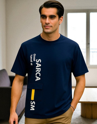 FASHIUM Printed Men Round Neck Navy Blue T-Shirt