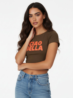 Glitchez Printed Women Round Neck Brown T-Shirt