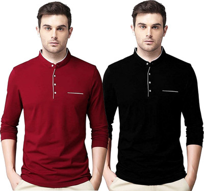 JB Jagoboy Solid Men Henley Neck Maroon, Black T-Shirt