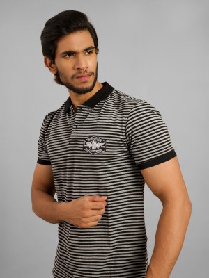 INEGO Striped Men Polo Neck Black T-Shirt