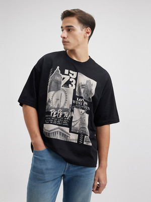 Pepe Jeans Graphic Print Men Crew Neck Black T-Shirt