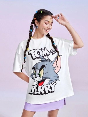 TOM AND JERRY by DreamBe Printed Women Round Neck White T-Shirt