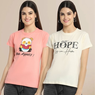 METRONAUT Printed Women Round Neck Pink, Yellow T-Shirt