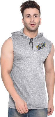 GEUM Printed Men Hooded Neck Grey T-Shirt