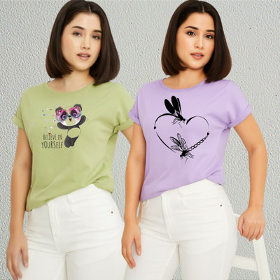 Lecowar Printed Women Round Neck Green, Purple T-Shirt