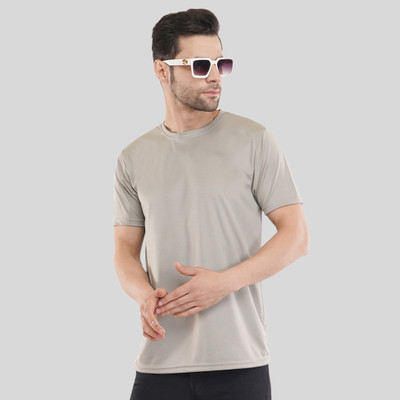 Six Abodes Solid Men Round Neck Grey T-Shirt