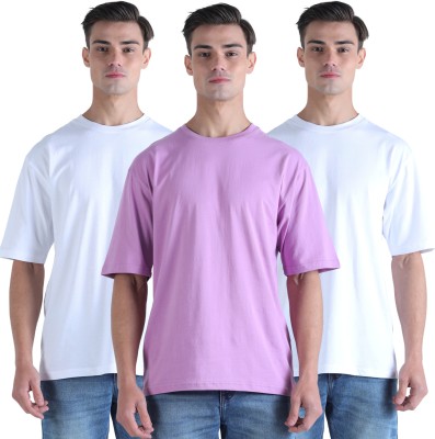 Soft knus Solid Men Round Neck Purple, White T-Shirt