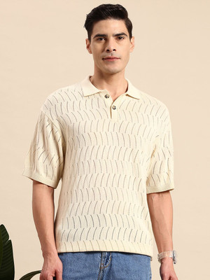 Mast & Harbour Self Design Men Polo Neck White T-Shirt