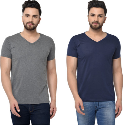 Adorbs Trend Solid Men V Neck Dark Blue, Grey T-Shirt