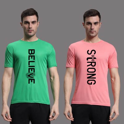 InkTees Printed Men Round Neck Pink, Green T-Shirt