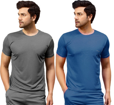 UDI n ADI Solid Men Round Neck Dark Blue, Grey T-Shirt