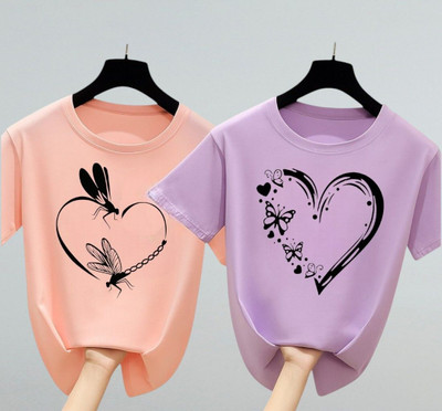 ADIXUS Graphic Print Women Round Neck Pink, Purple T-Shirt
