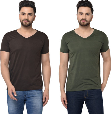 JB Jangoboy Solid Men V Neck Dark Green, Brown T-Shirt