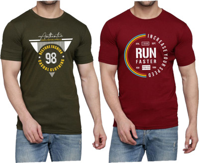 WOOSTRO Printed Men Round Neck Dark Green, Maroon T-Shirt