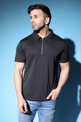 Leriya Fashion Solid Men Polo Neck Black T-Shirt