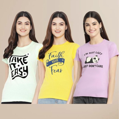 METRONAUT Printed Women Round Neck White, Yellow, Pink T-Shirt