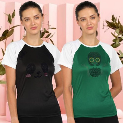 SHASHVI Typography Women Round Neck Black, Dark Green, White T-Shirt