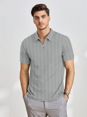 COMBRAIDED Self Design Men Zip Neck Grey T-Shirt
