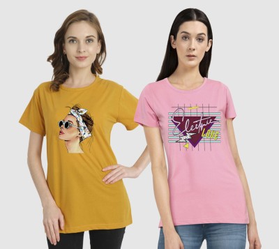 CHOQU Printed Women Round Neck Yellow, Pink T-Shirt