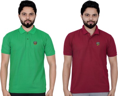 La Milano Solid Men Polo Neck Maroon, Green T-Shirt