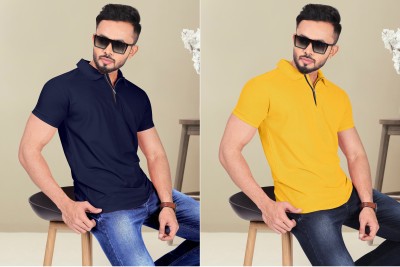 INDICLUB Solid Men Polo Neck Navy Blue, Yellow T-Shirt