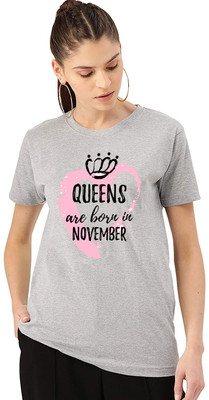 I KING Printed, Typography Women Round Neck Grey T-Shirt