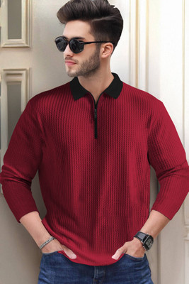 Lieo Trend Self Design Men Zip Neck Red T-Shirt