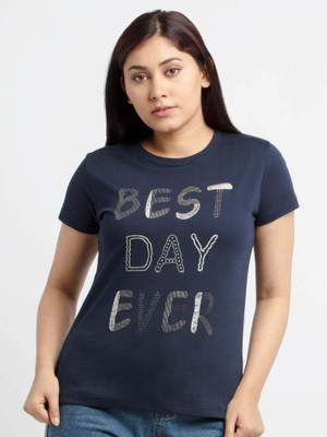 Status Quo Typography Women Round Neck Navy Blue T-Shirt
