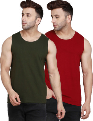 SLOWLORIS Colorblock Men Scoop Neck Dark Green, Red T-Shirt