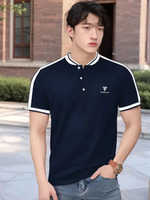Jump Cuts Solid Men High Neck Dark Blue T-Shirt