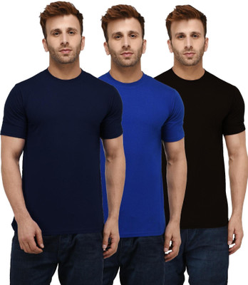 London Hills Solid Men Round Neck Dark Blue, Blue, Black T-Shirt