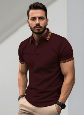Leriya Fashion Solid Men Polo Neck Maroon T-Shirt