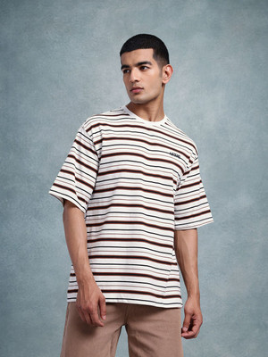 Roadster Striped Men Round Neck White T-Shirt